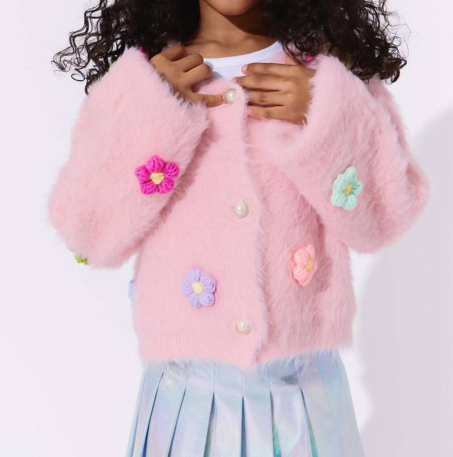 3D Rainbow Daisy Cardigan In Pink