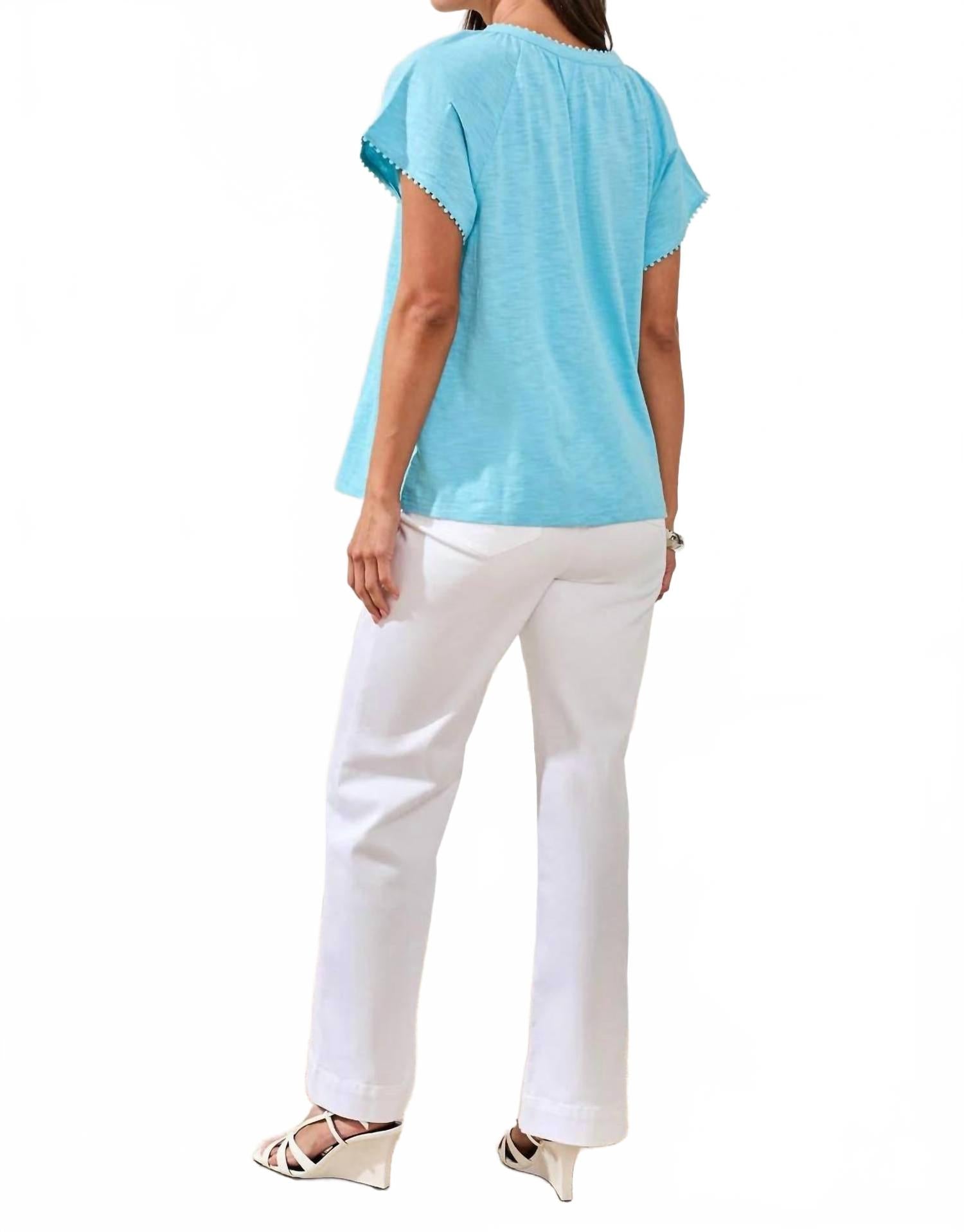 Cotton Slub Split Neck Tassel Top In Blue