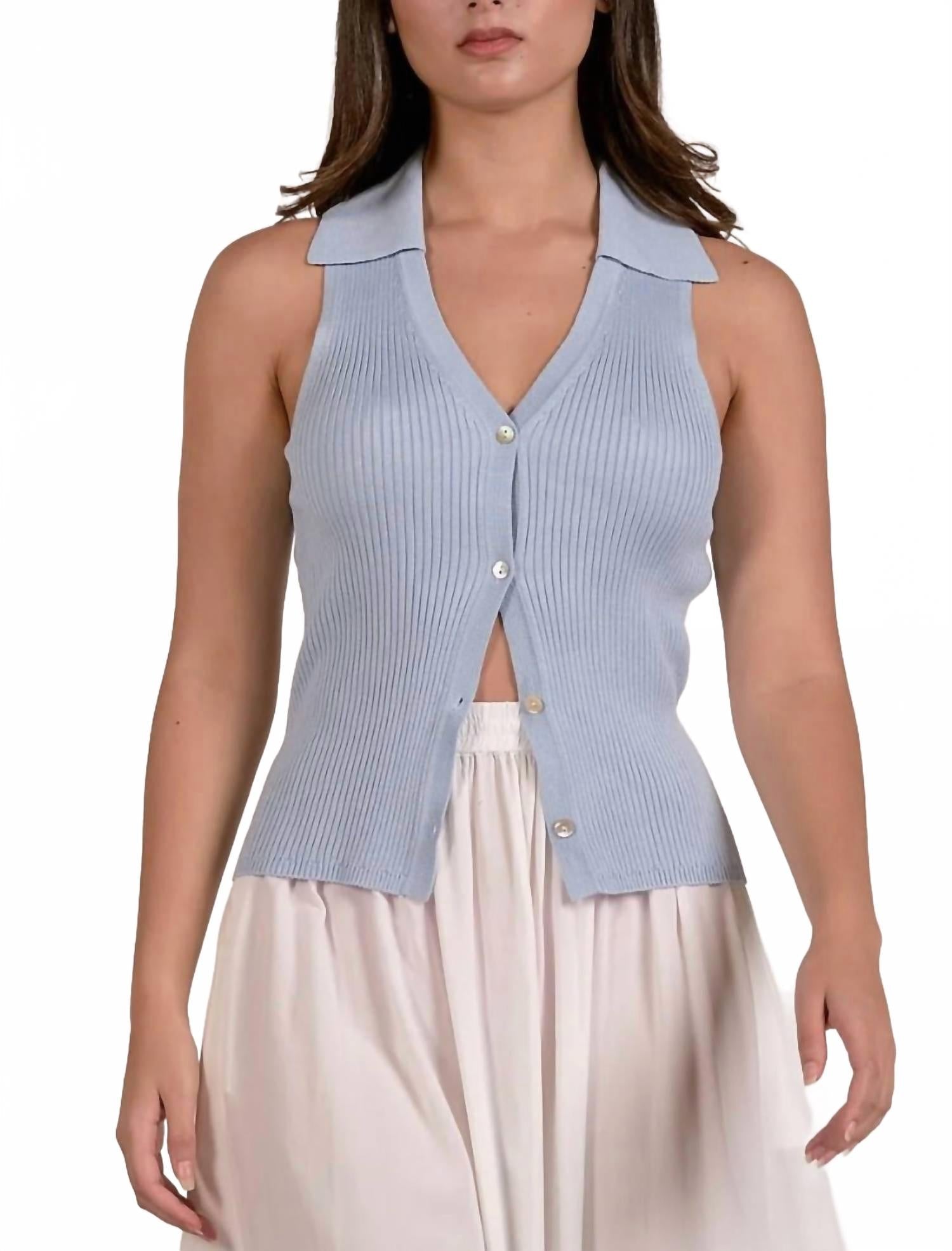 Collared Knit Vest In Blue
