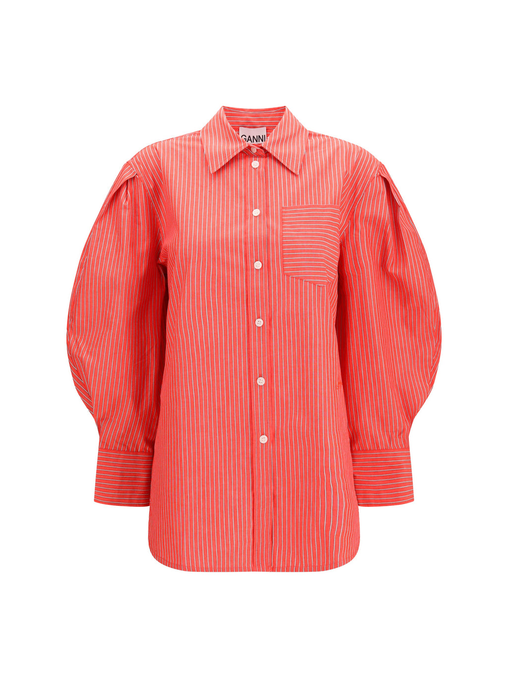 Ganni Women Striped Cotton Shirt With Balloon Sleeves
