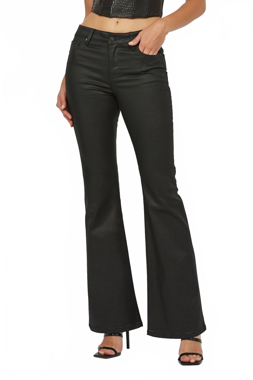 Coated Mid Rise Flare Pants In Black