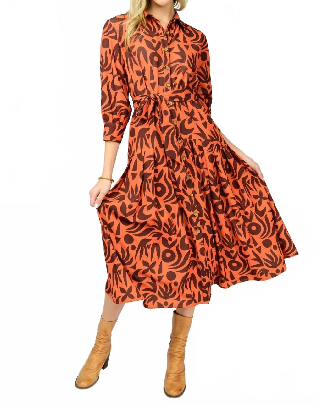 Native Print Midi Shirt Dress In Rust
