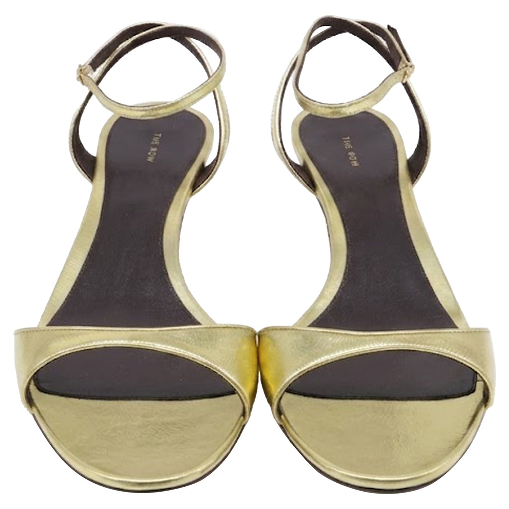 The Row Vika Ankle Strap Kitten Heeled Sandals in Gold Leather