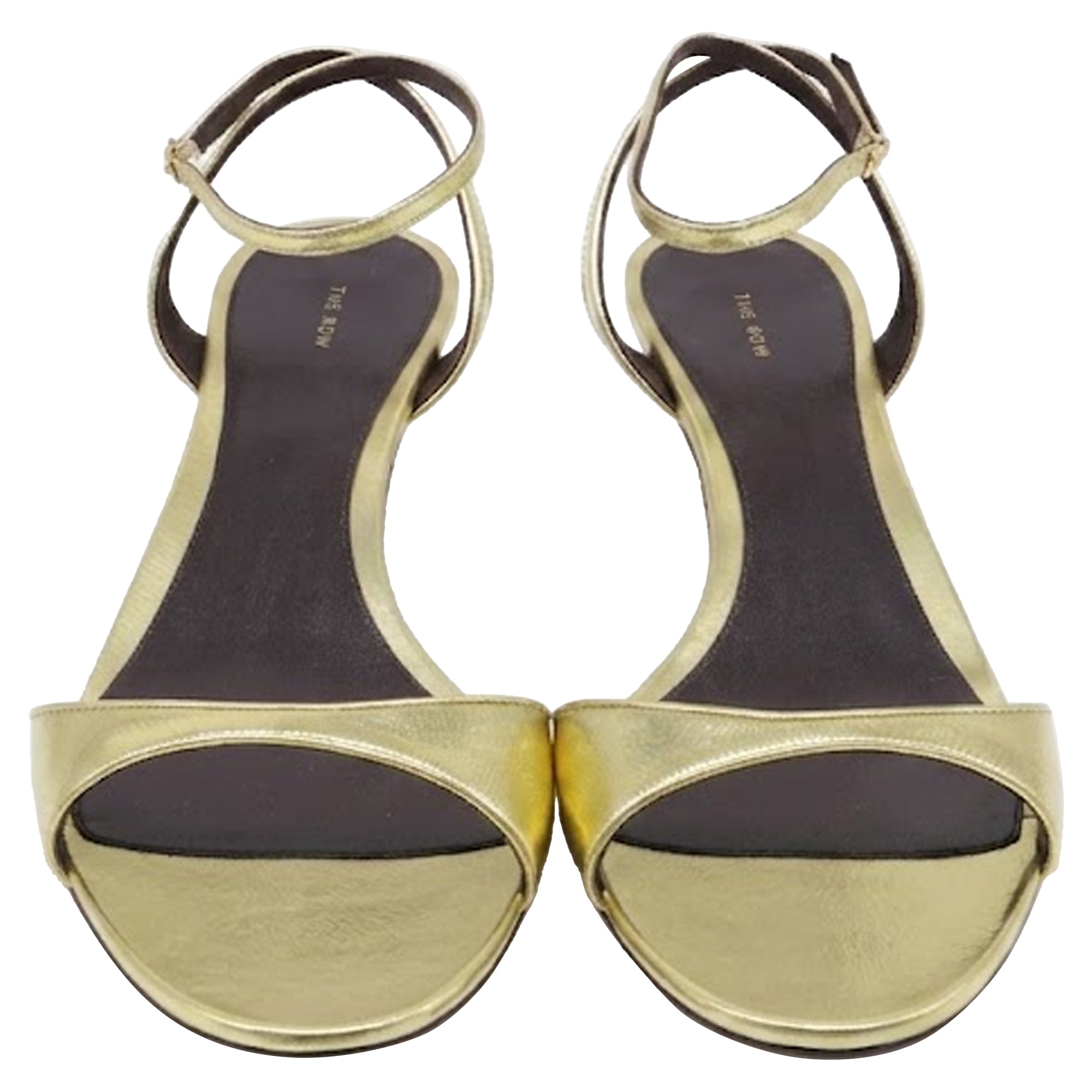 The Row Vika Ankle Strap Kitten Heeled Sandals in Gold Leather