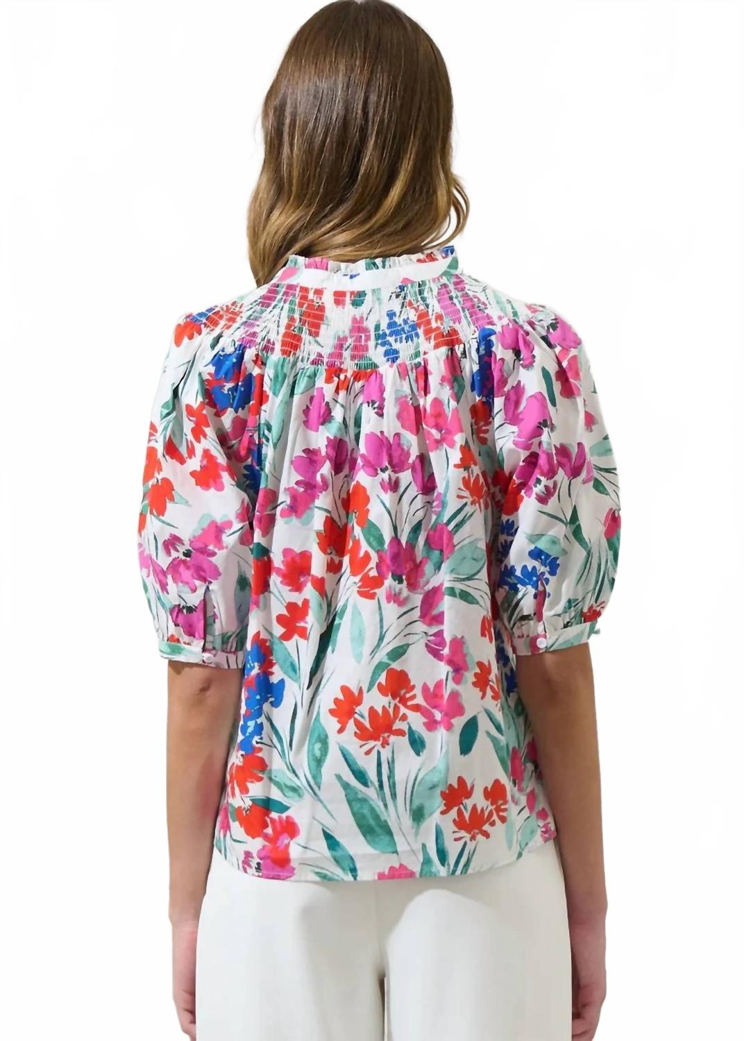 Kivia Blossom Smocked Neck Top In Floral