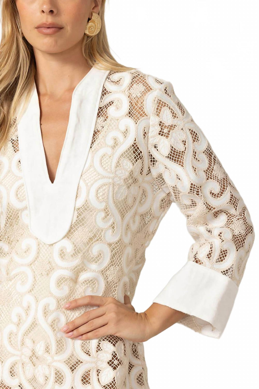 Chandra Boho Mini Dress In White/beige