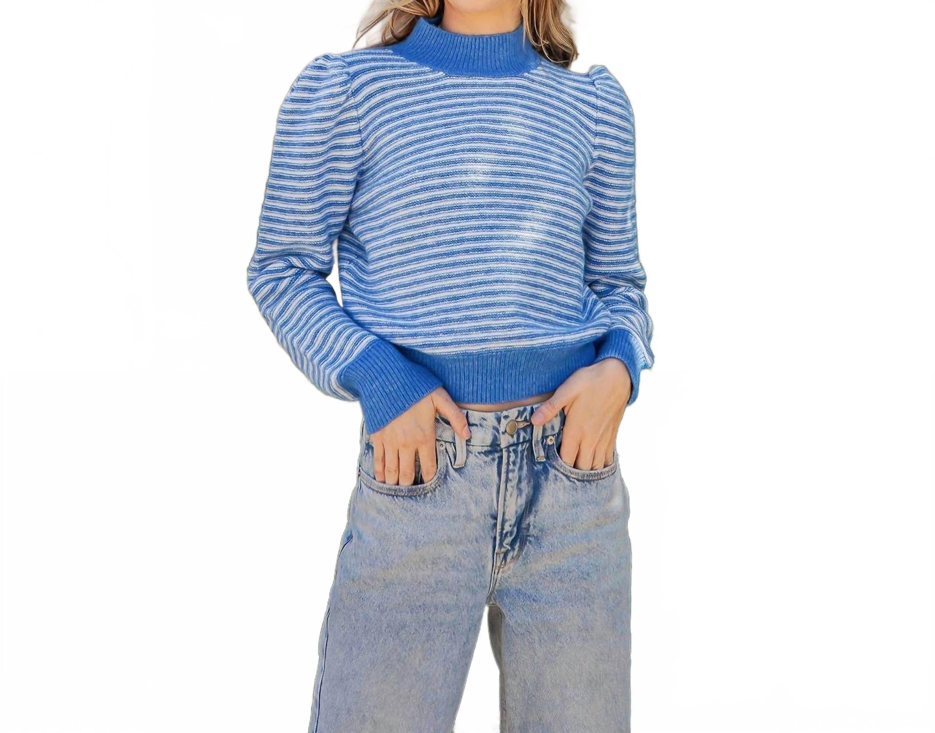 Striped Pattern Mock Neck Sweater In Blue Multi