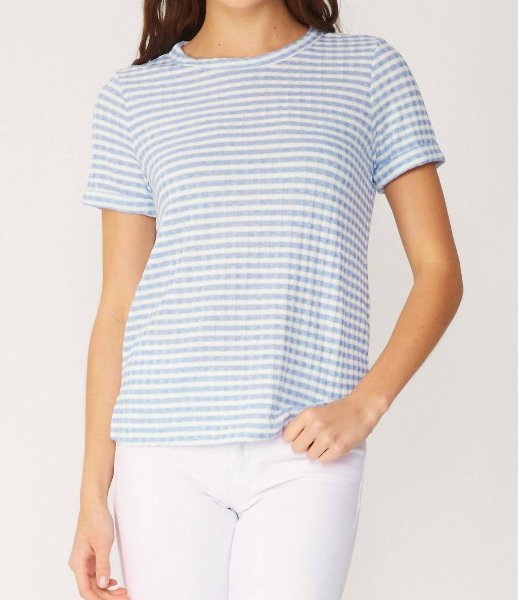 Stripe Ribbed Knit Short Sleeve Top In Light Blue