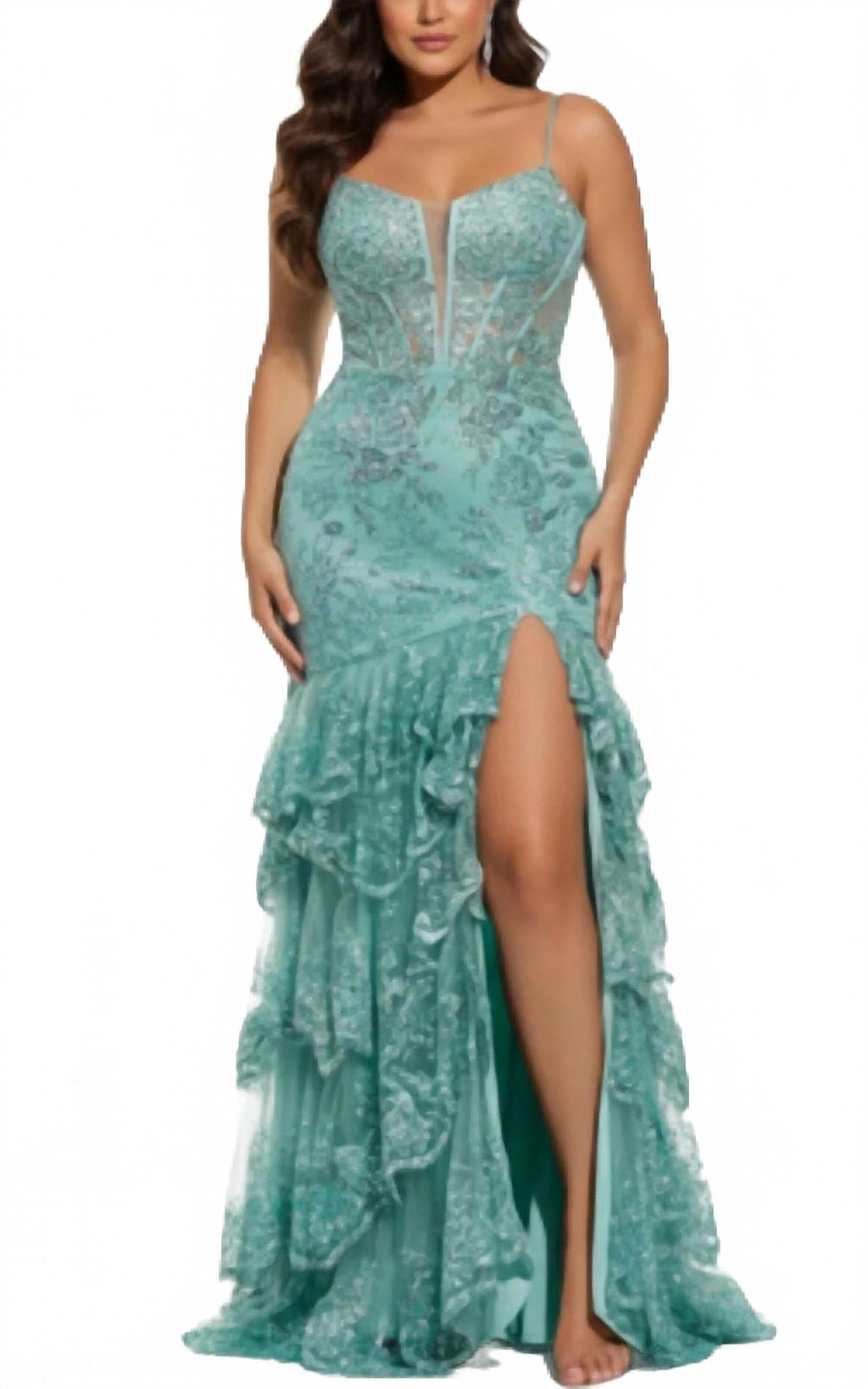 Spaghetti Strap Gown With Beaded Bodice And High Slit In Sage