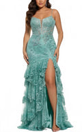 Spaghetti Strap Gown With Beaded Bodice And High Slit In Sage
