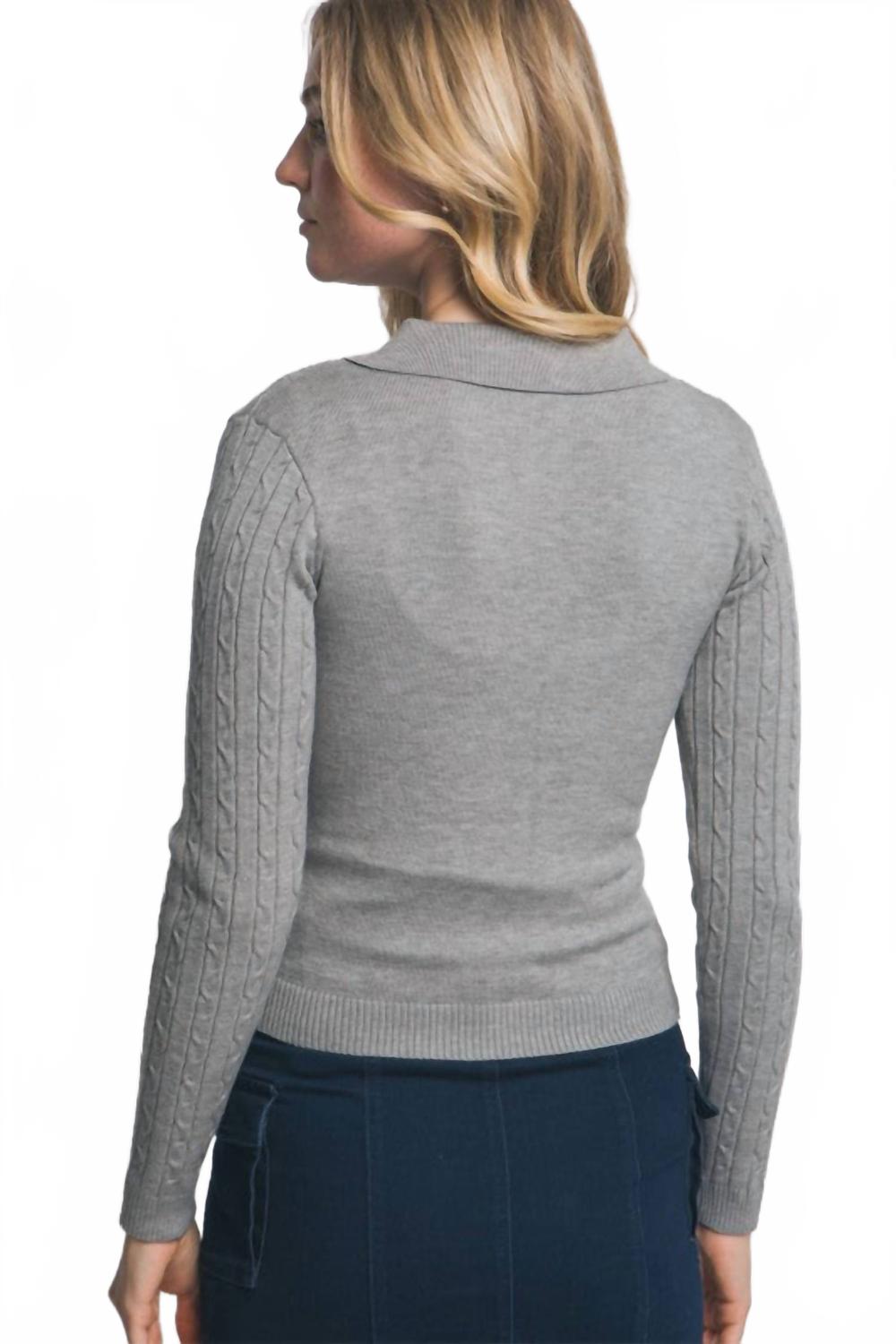 Cable Knit Polo Sweater Top In Grey