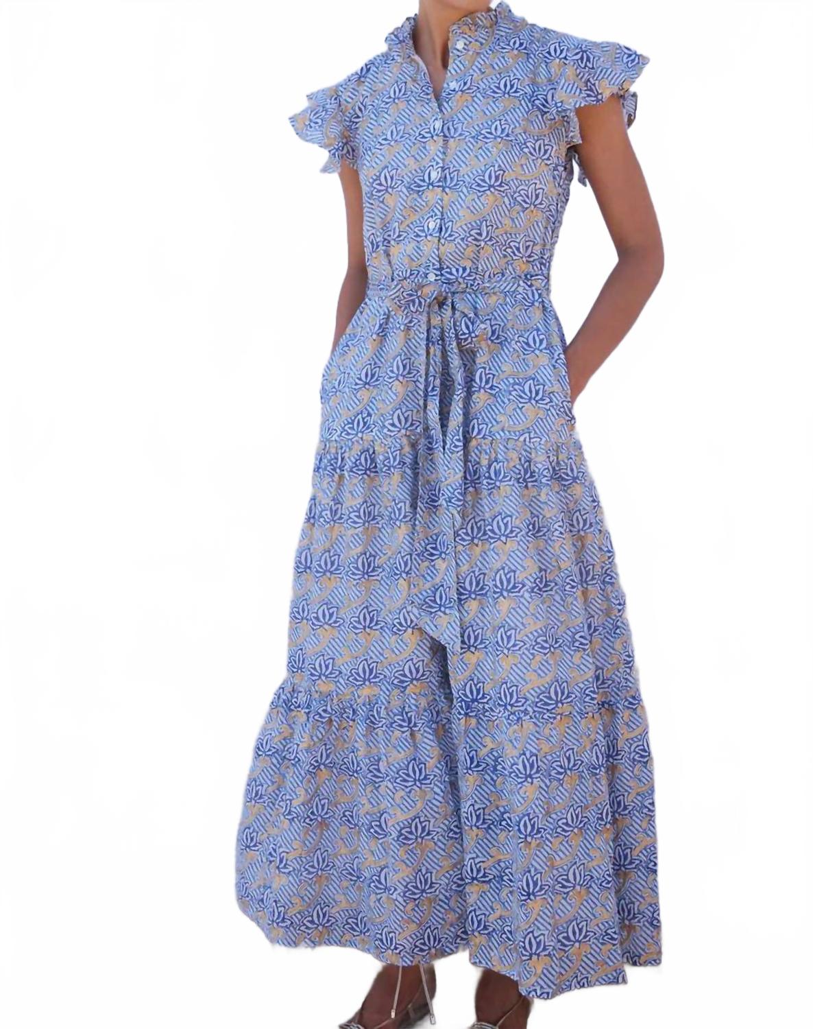 Ruffle Collar Button Maxi Dress In Florence Blue