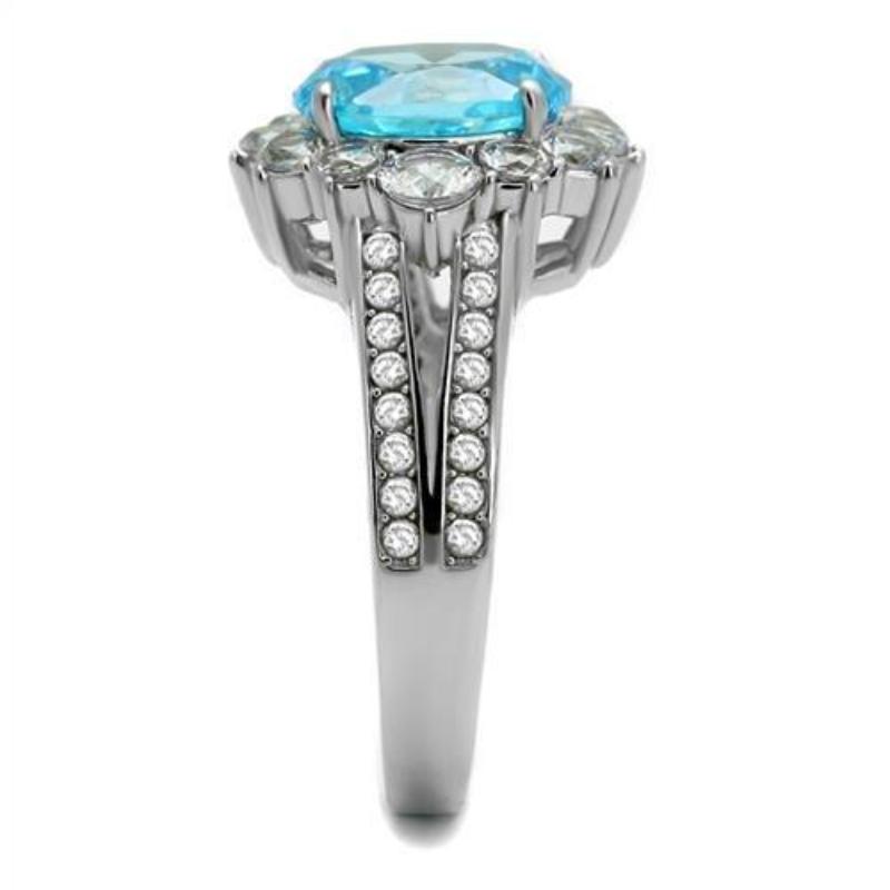 High polished (no plating) Stainless Steel Ring with AAA Grade CZ in Sea Blue