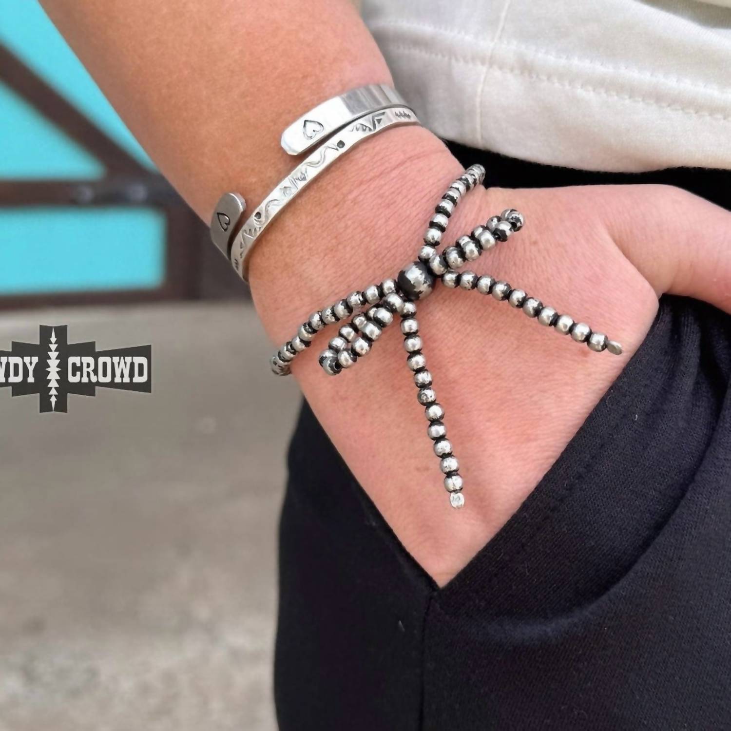 Women's Bow Stretch Bracelet In Silver Beaded