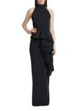 Ah Ruffled High-Neck Gown In Black