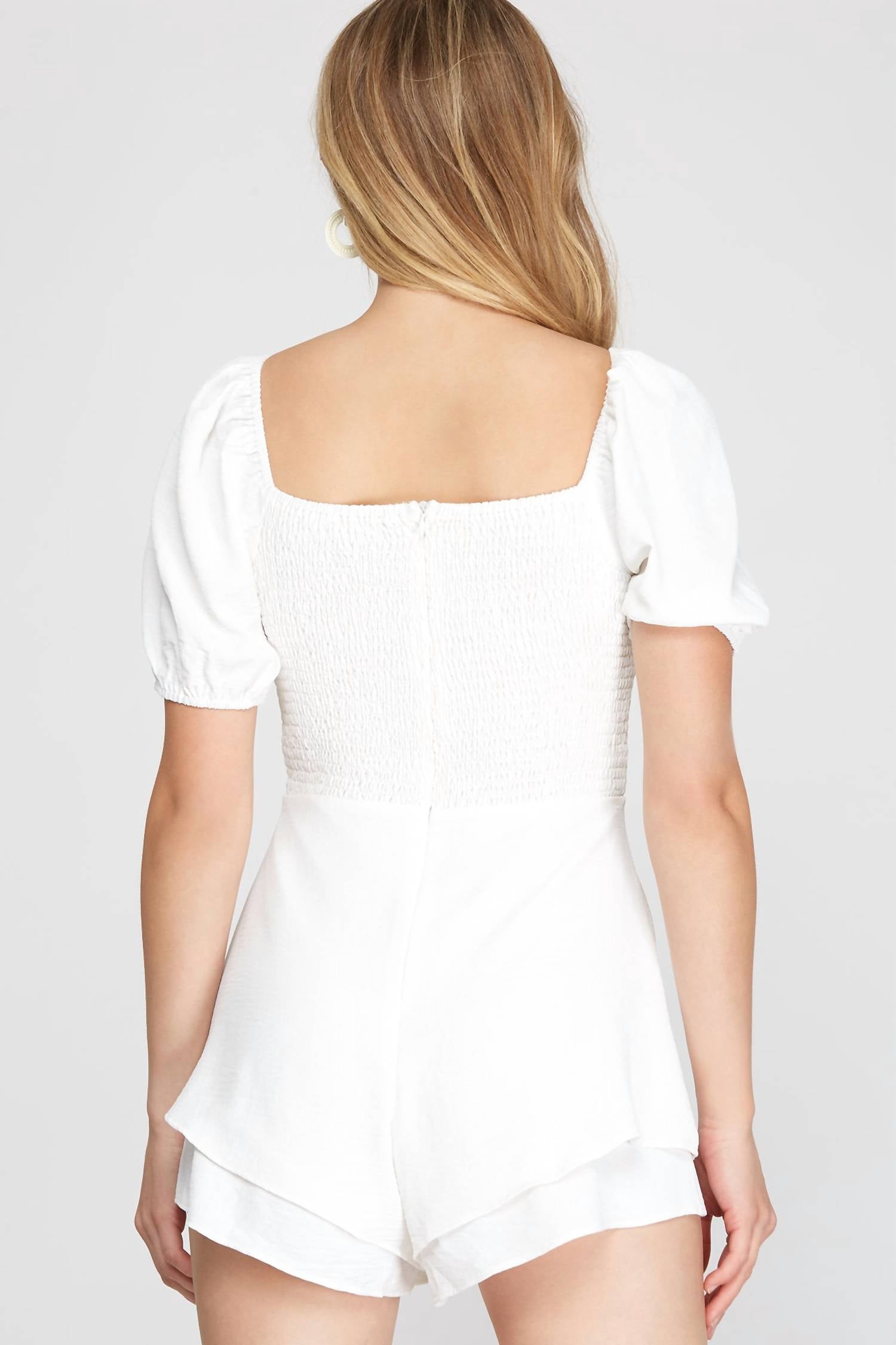 Short Puff Sleeve Layered Romper With Shirred Front In Off White