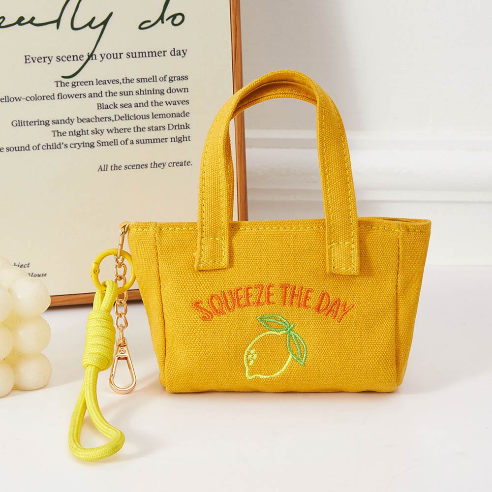 Squeeze Day Lemon Embroidered Mini Canvas Tote Bag Keychain Bag Charm