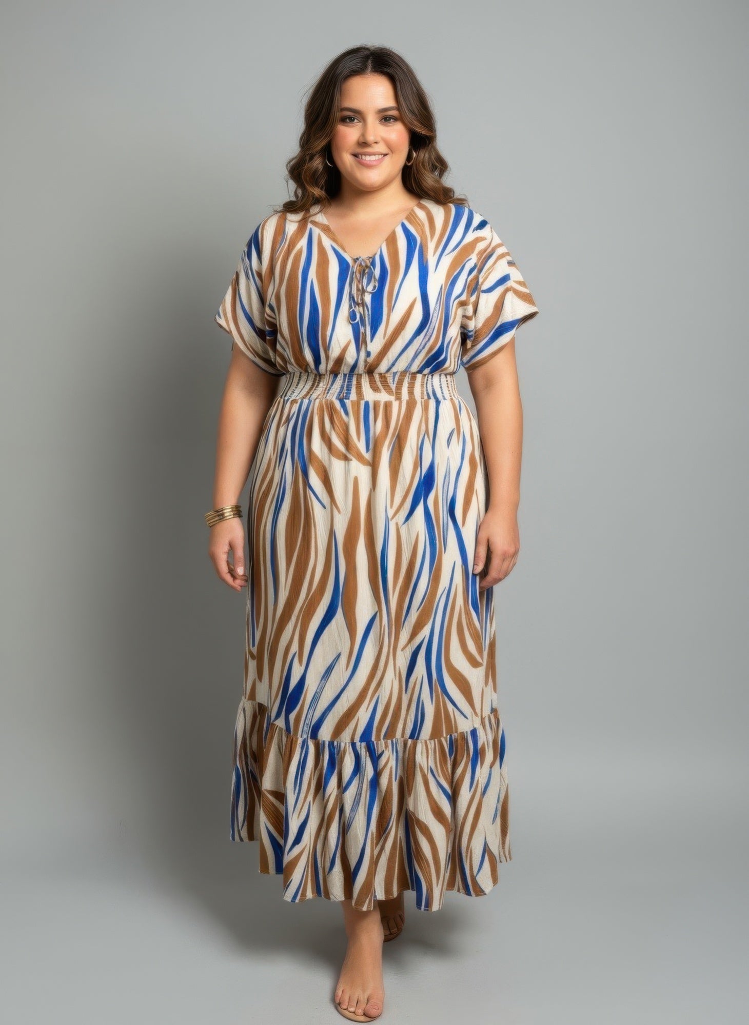 Zebra Print Smocked Waist Tiered Midi Dress