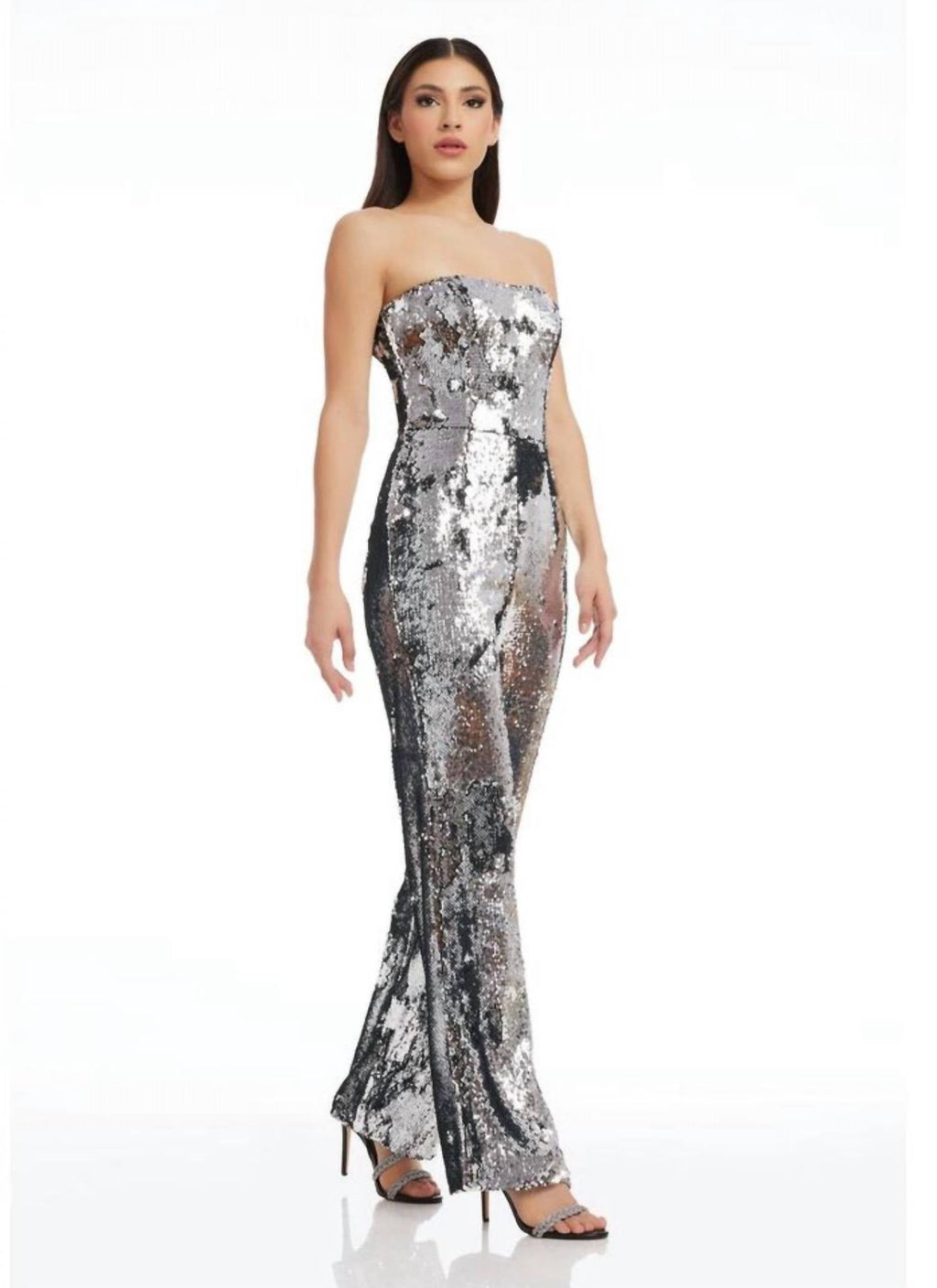 Andy Sequin Strapless Jumpsuit In Silver