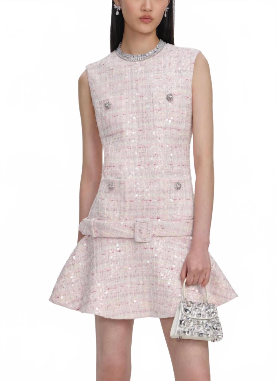 Sequin Boucle Belted Mini Dress In Pink