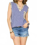 Tank Top With Leopard Print Trim & Pocket In Denim Blue