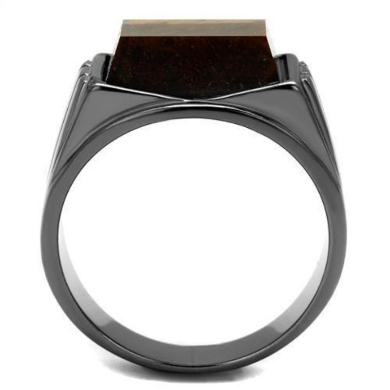 IP Light Black Stainless Steel Ring with Synthetic Tiger Eye in Topaz