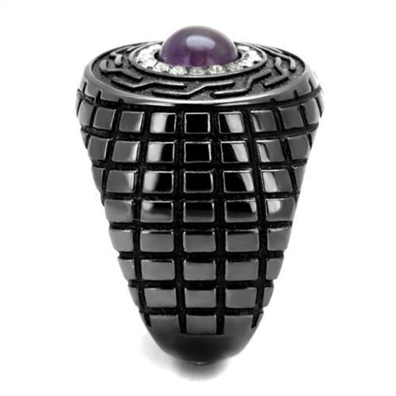 IP Light Black Stainless Steel Ring with Semi-Precious Amethyst Crystal in Amethyst