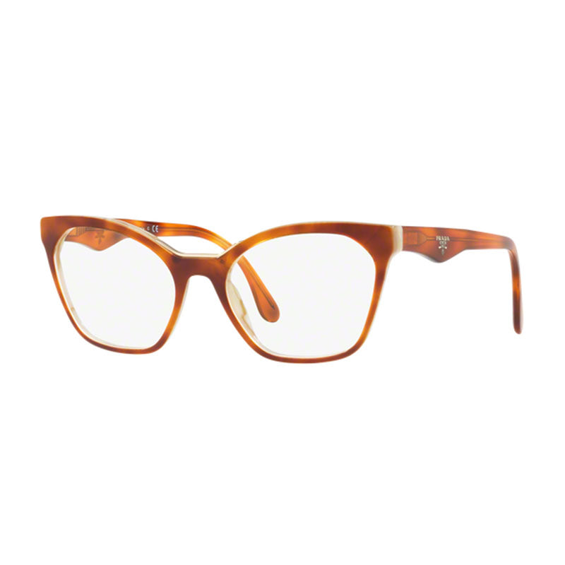 Prada Eyeglasses Cat Eye Full Rim, Top Light Havana/striped White Frame And Clear Demo Lens Lens Pr09Uvth7101