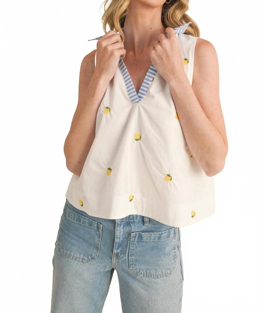 Fruit Pattern Collar Sleeveless Top In Lemon