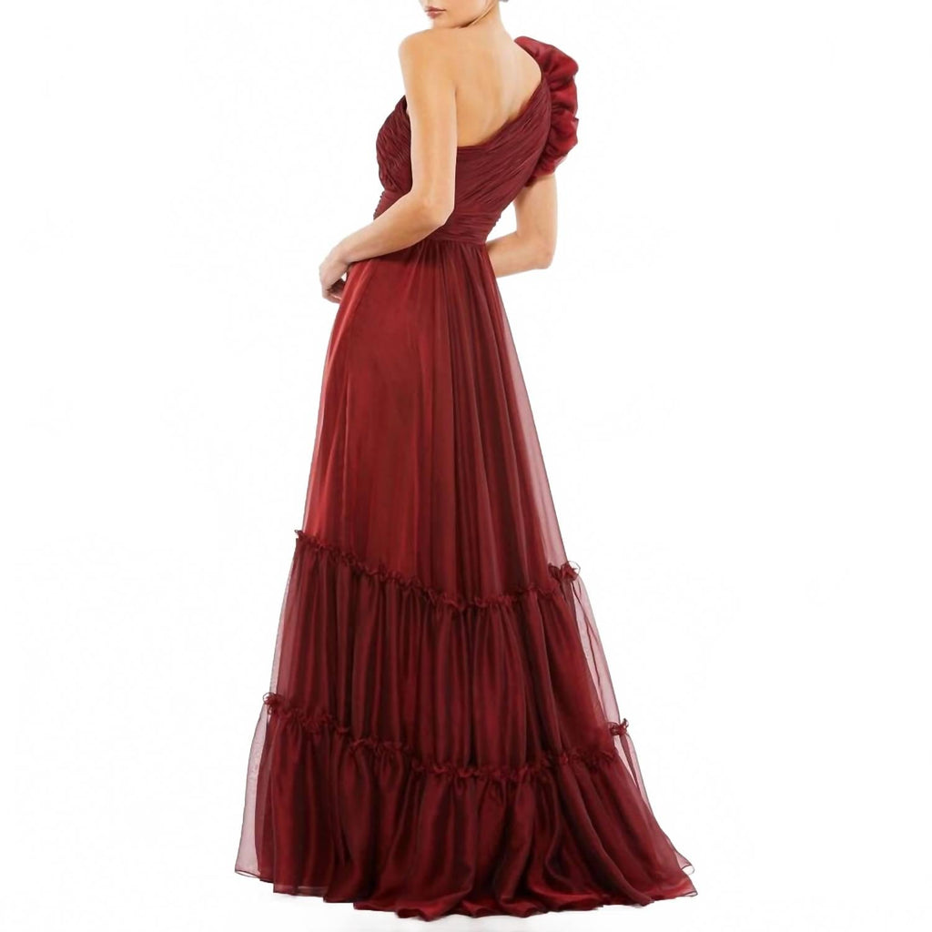 One Shoulder Tiered Organza Gown In Wine