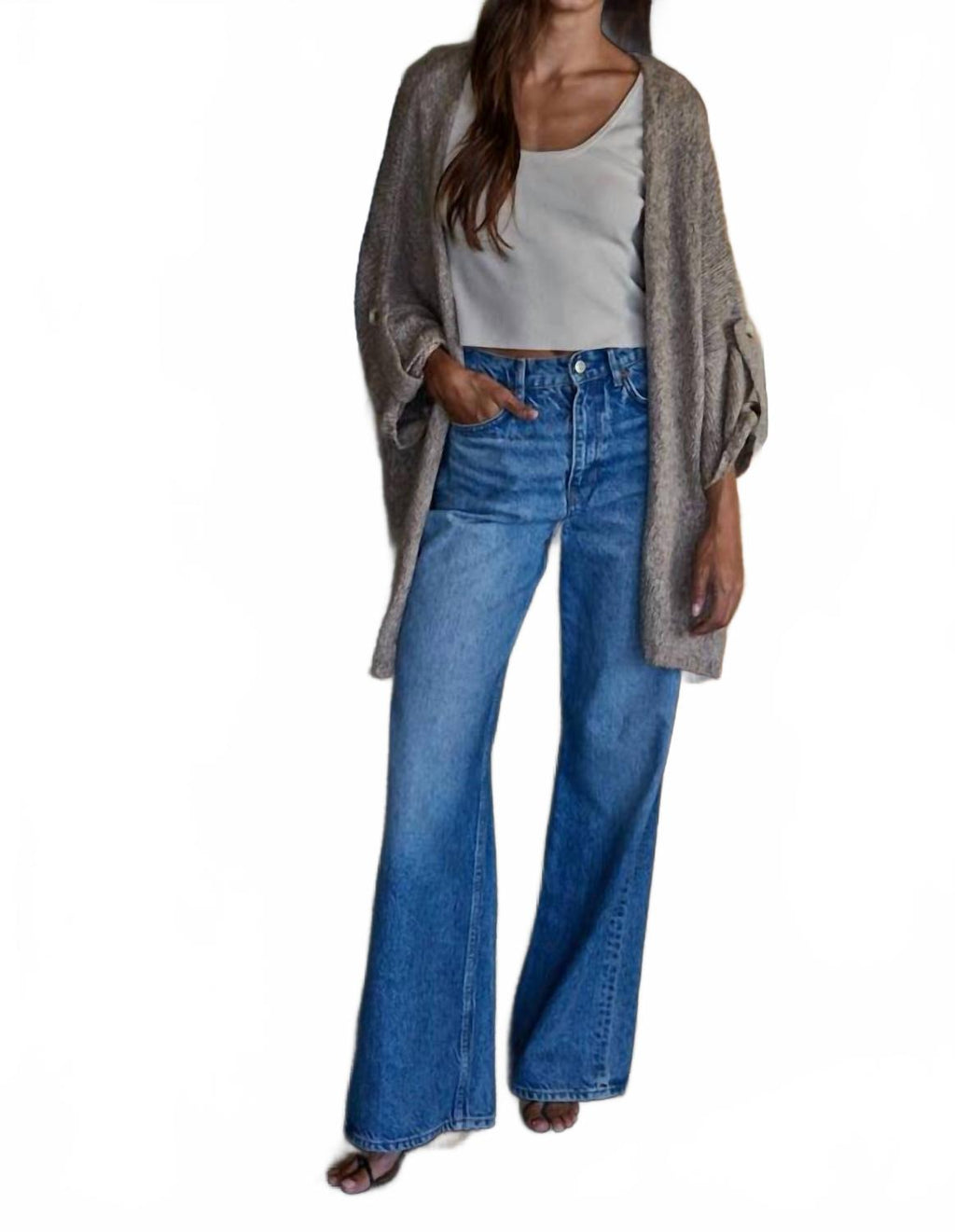 Folded Quarter Sleeve Open Front Cardigan In Mocha