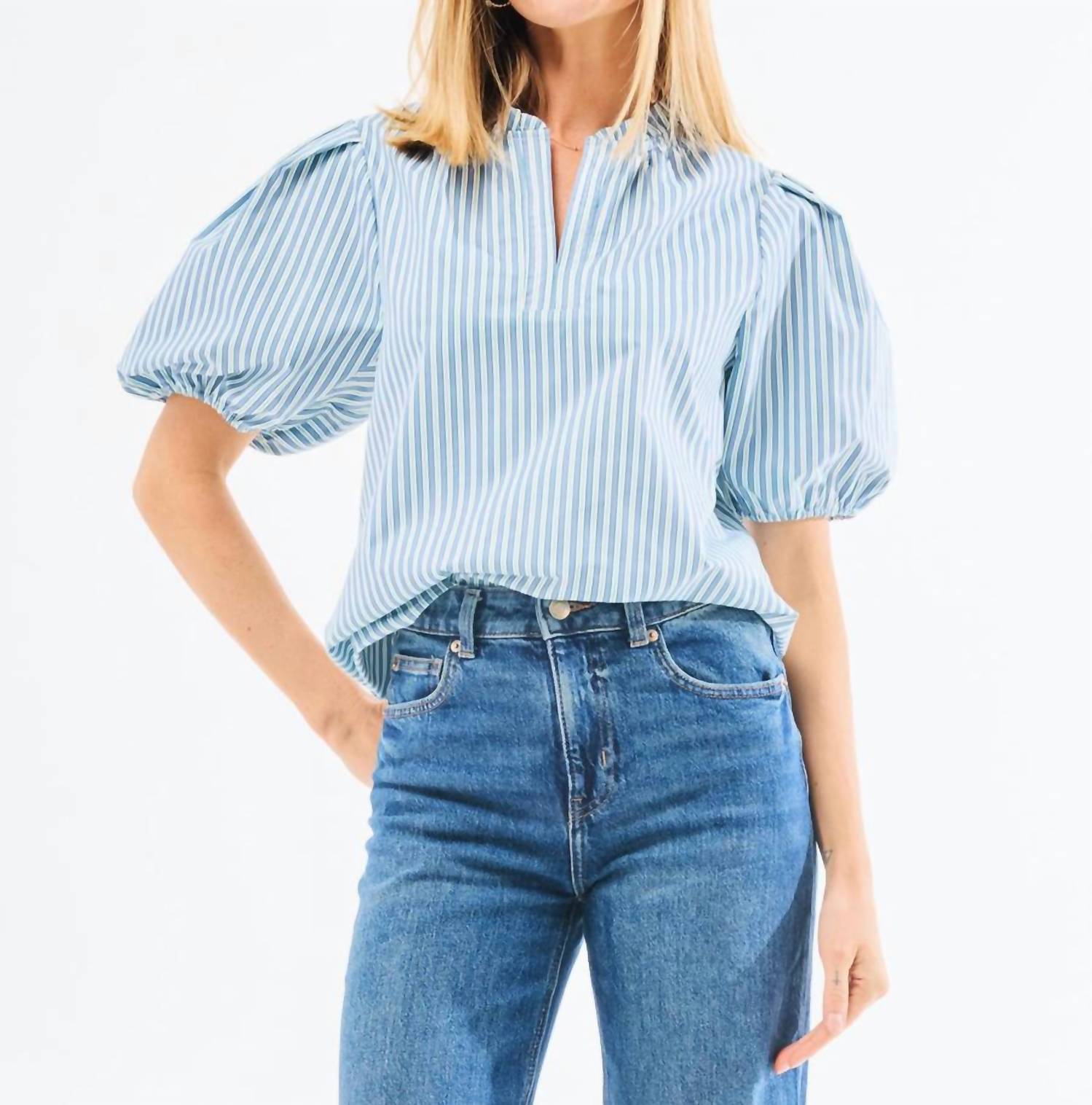 Lainey Short Puff Sleeve Top In Simple Stripe Blue/green