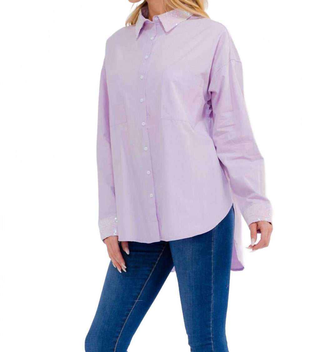 Cheers Sequin Patch Poplin Shirt In Lilac