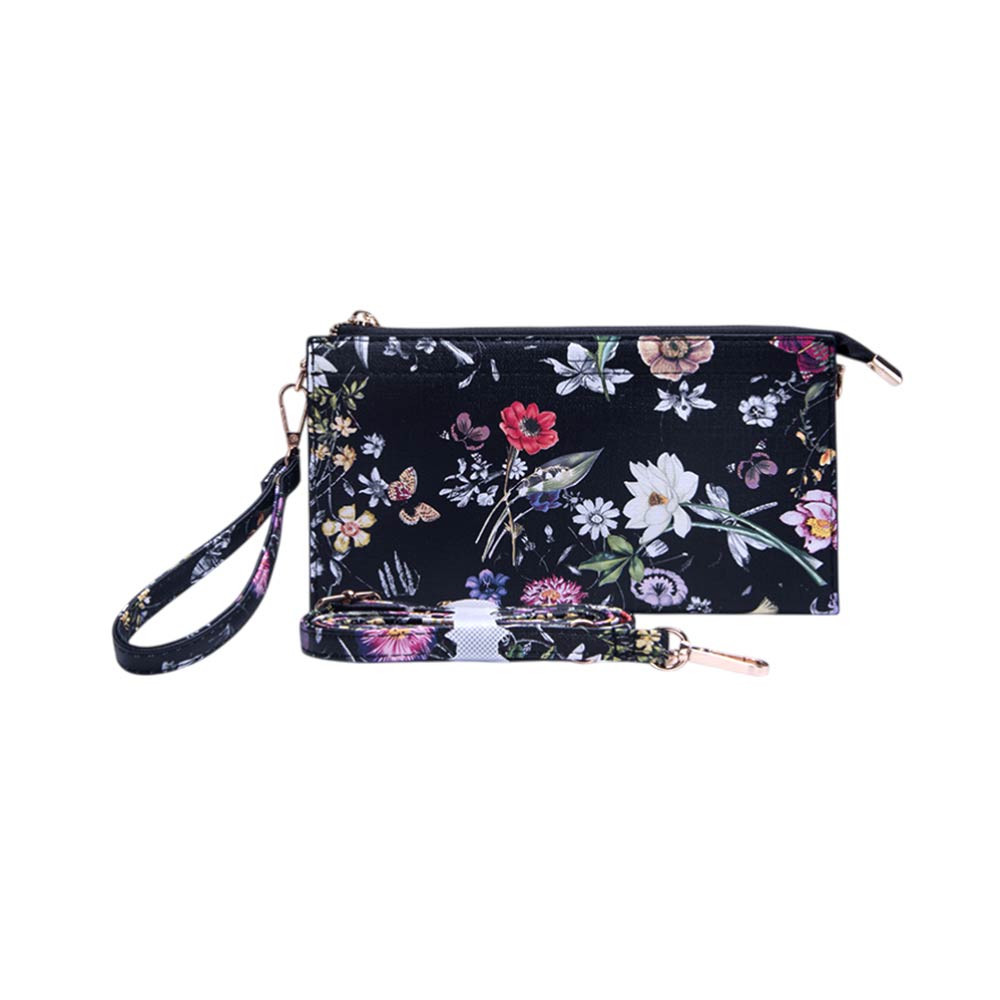 Faux Leather Floral Pattern Slim Wallet Crossbody Bag