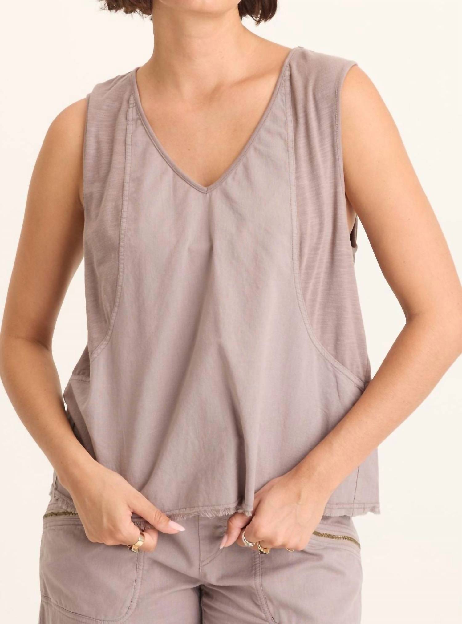 Poppy Seed Mazie Linen Jersey V-Neck Tank Top In Subtle Brown Grey