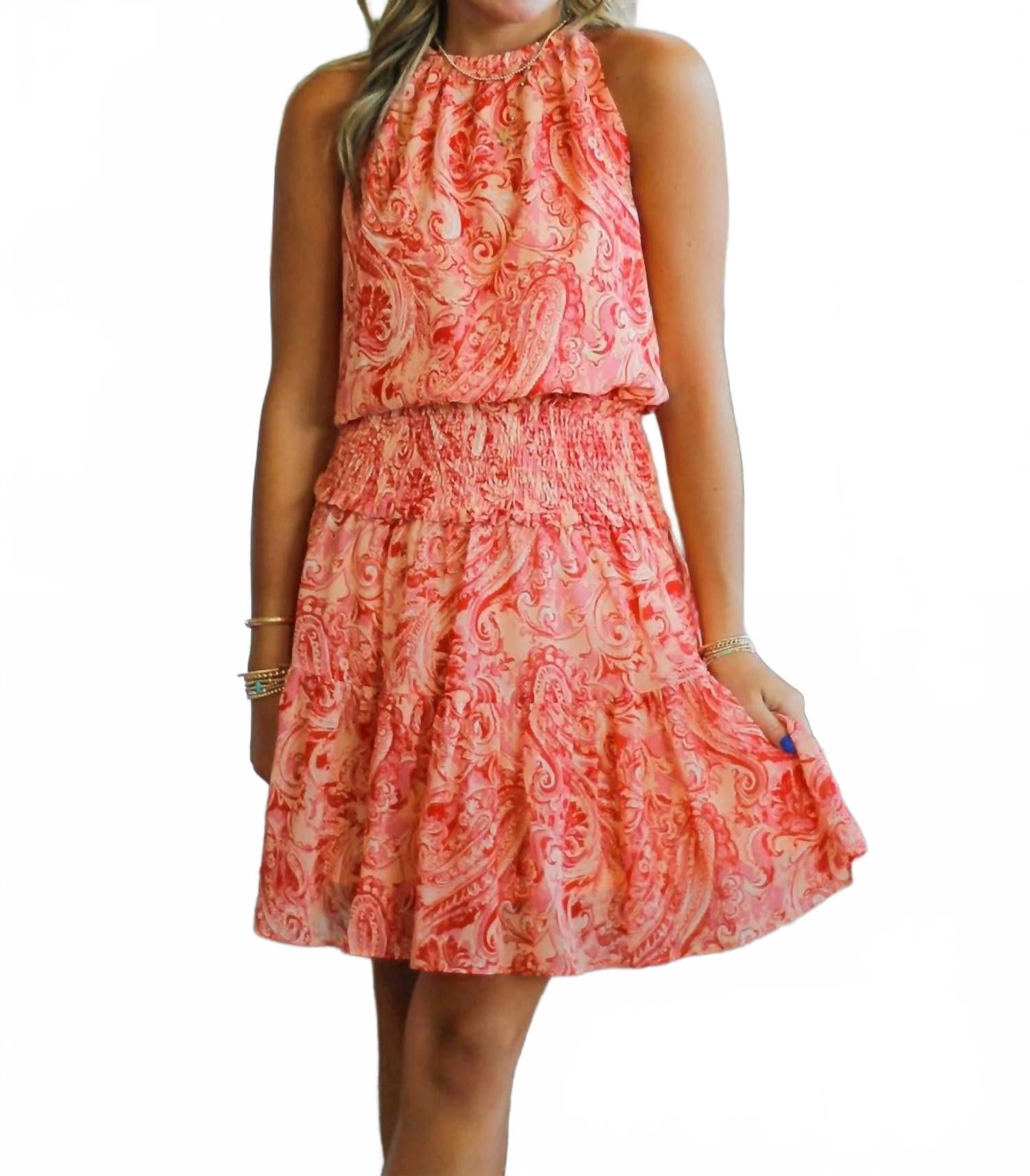 Smocked Waist Dress In Red Paisley