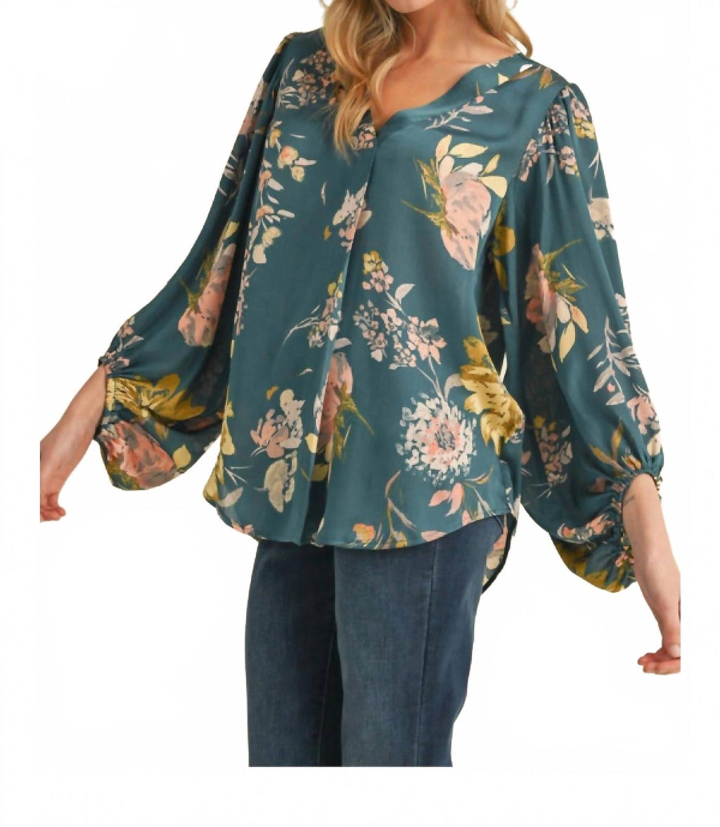 Satin Floral Print Blouse With Bubble Sleeves In Teal