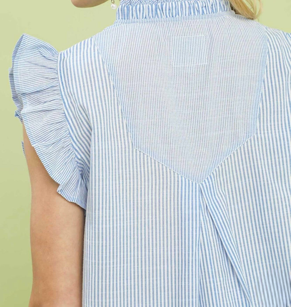 Embroidered Ruffle Sleeve Top In Blue
