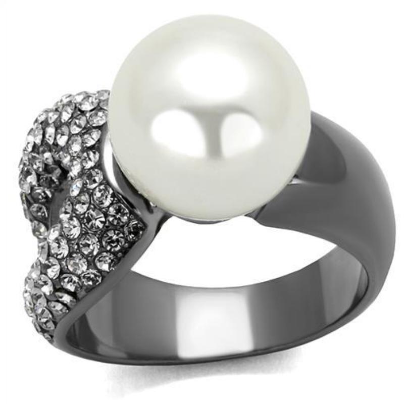 IP Light Black Stainless Steel Ring with Synthetic Pearl in White
