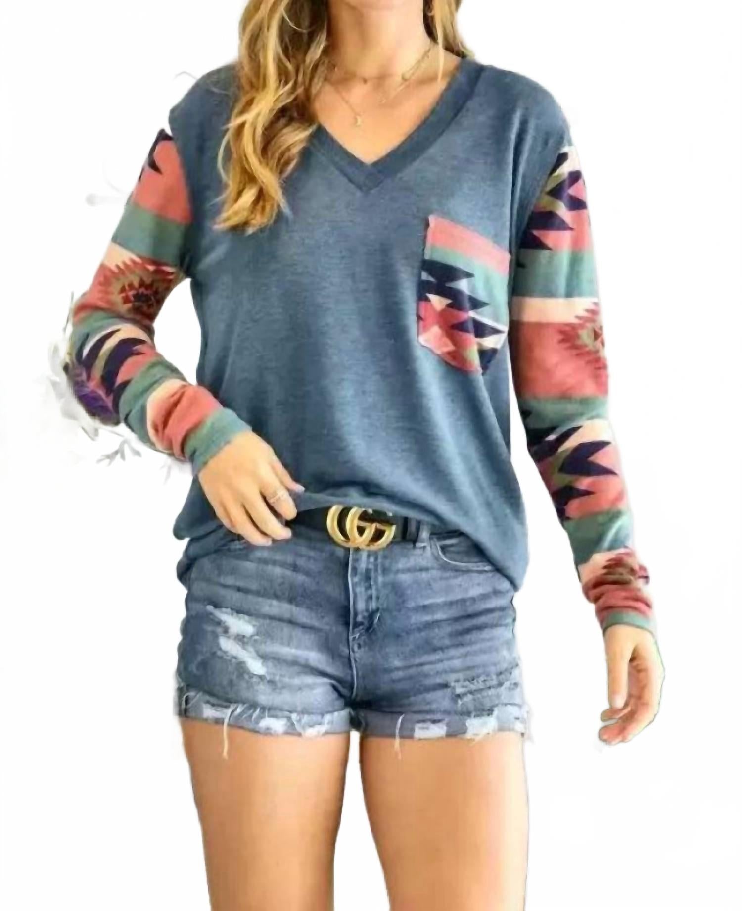 V Neck Long Sleeve Top In Teal Aztec