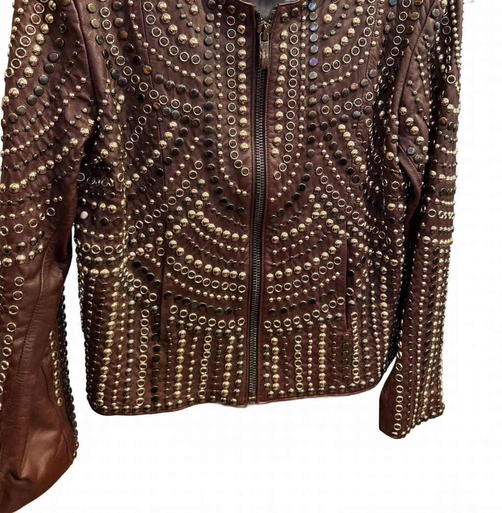 Women's Leather Studded Jacket In Burgundy