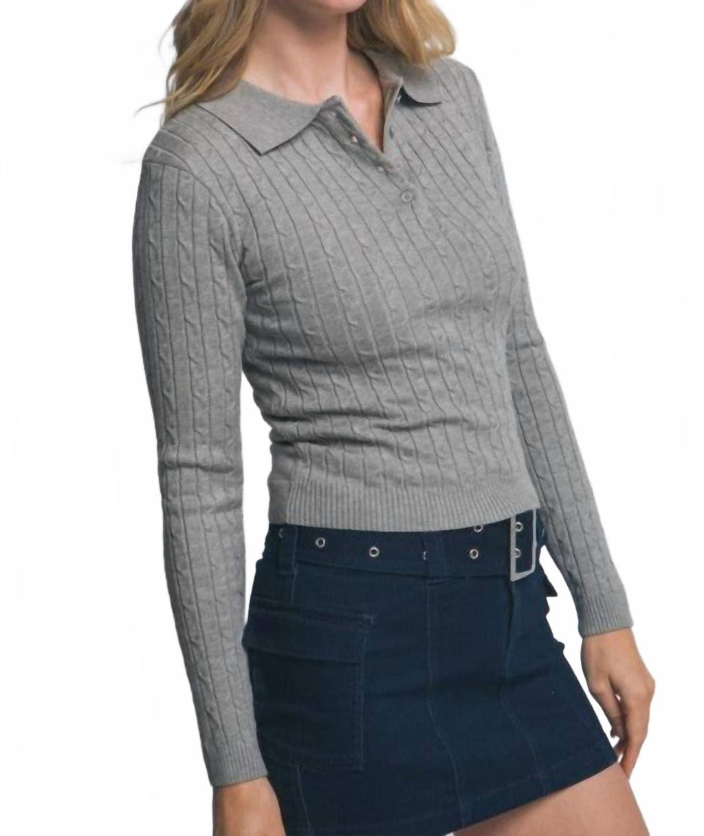 Cable Knit Polo Sweater Top In Grey