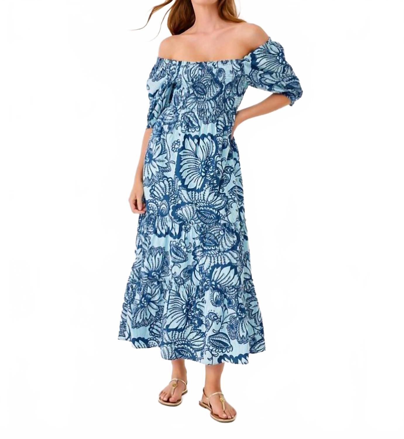 Hadly Short Sleeve Smocked Maxi Dress In Starlight Navy/proud As A Peacock Stripe