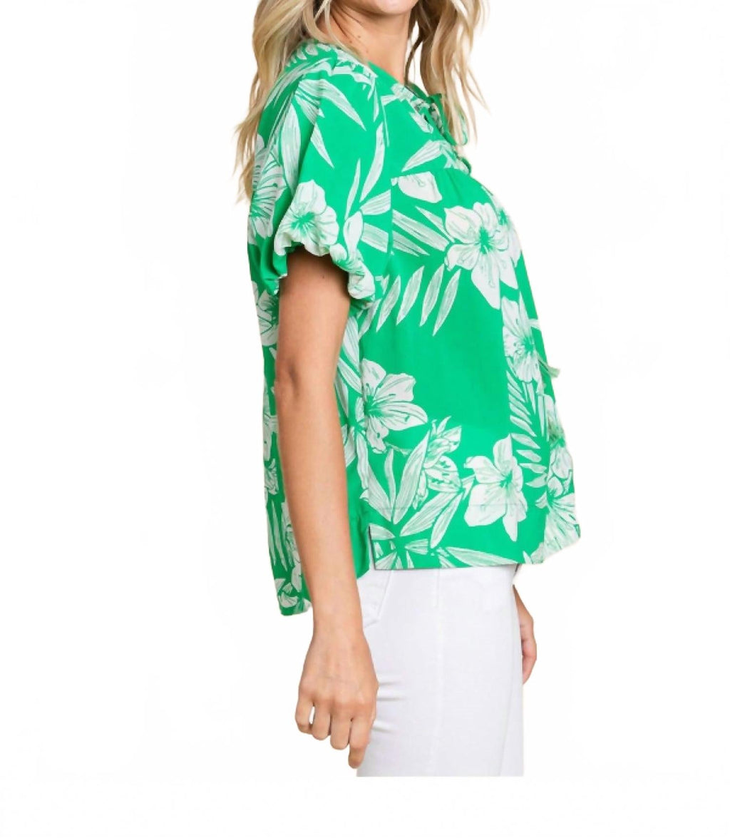 Island Vibes Hawaiian Floral Shirt With Puff Sleeves In Green & White