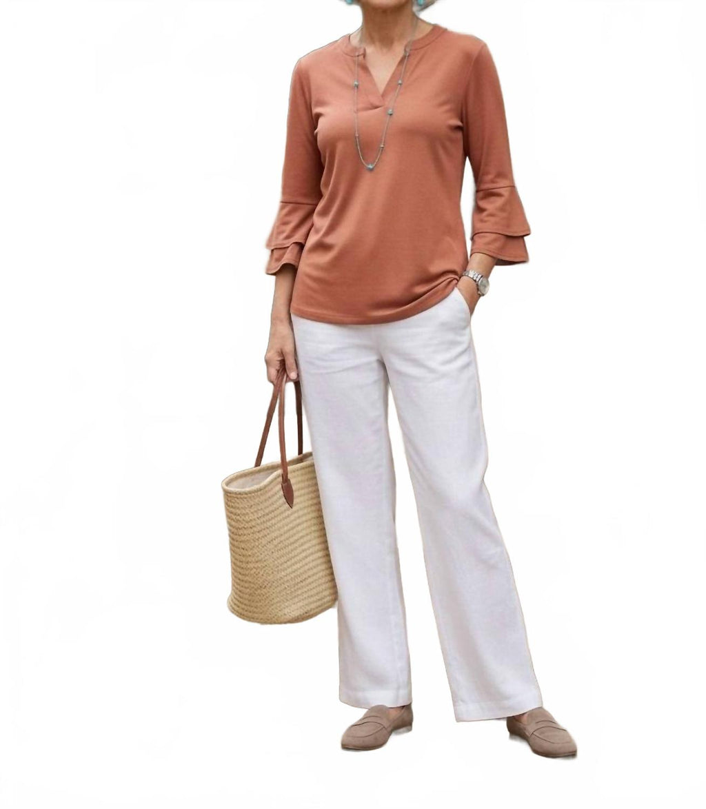 Solid Color Tiered Bell Sleeve Top In Caramel