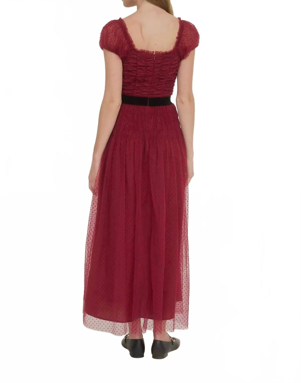 Polka Dot Tulle Shirred Waist Velvet Midi Dress In Crimson