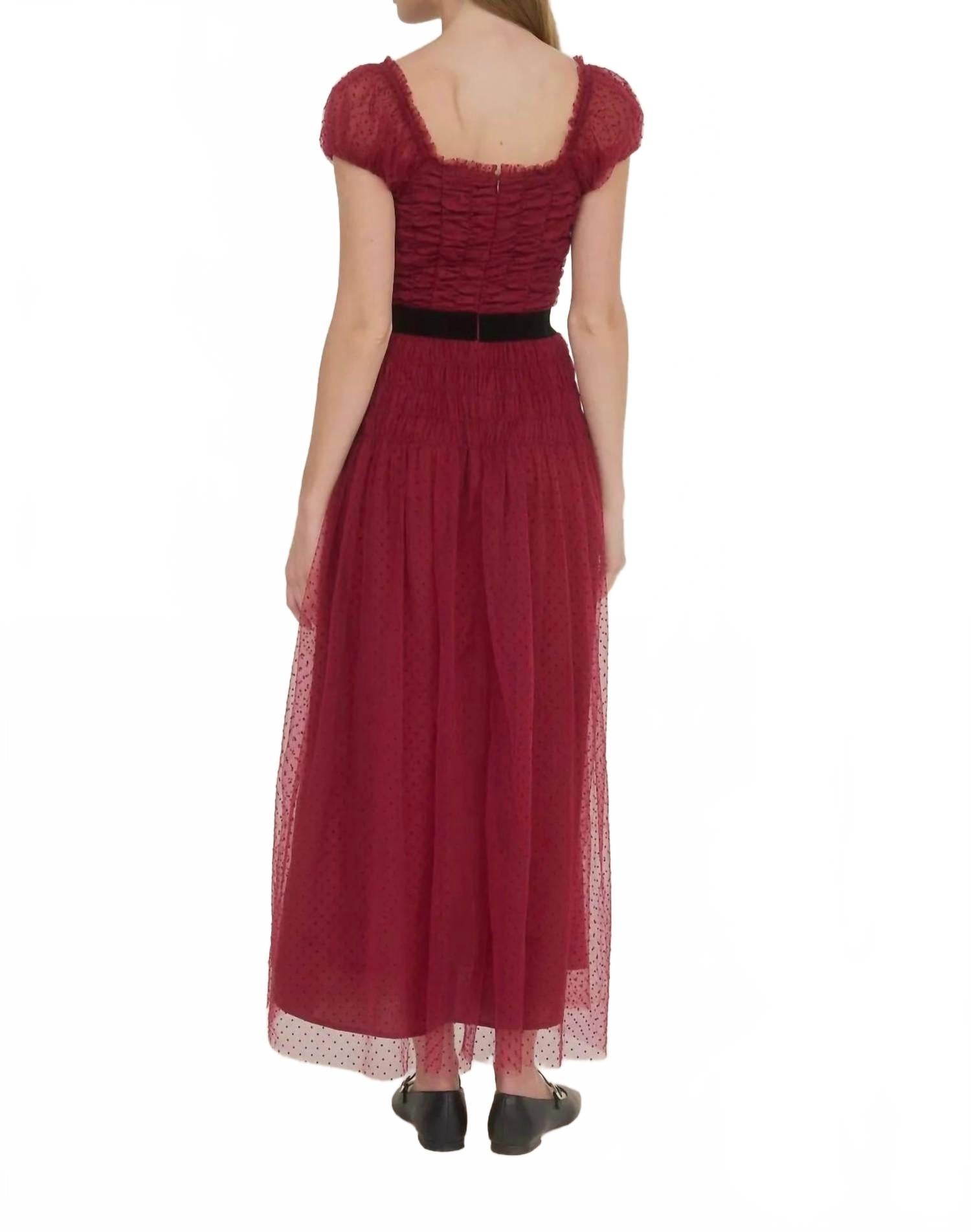 Polka Dot Tulle Shirred Waist Velvet Midi Dress In Crimson