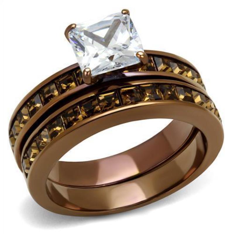 IP Coffee light Stainless Steel Ring with AAA Grade CZ in Clear