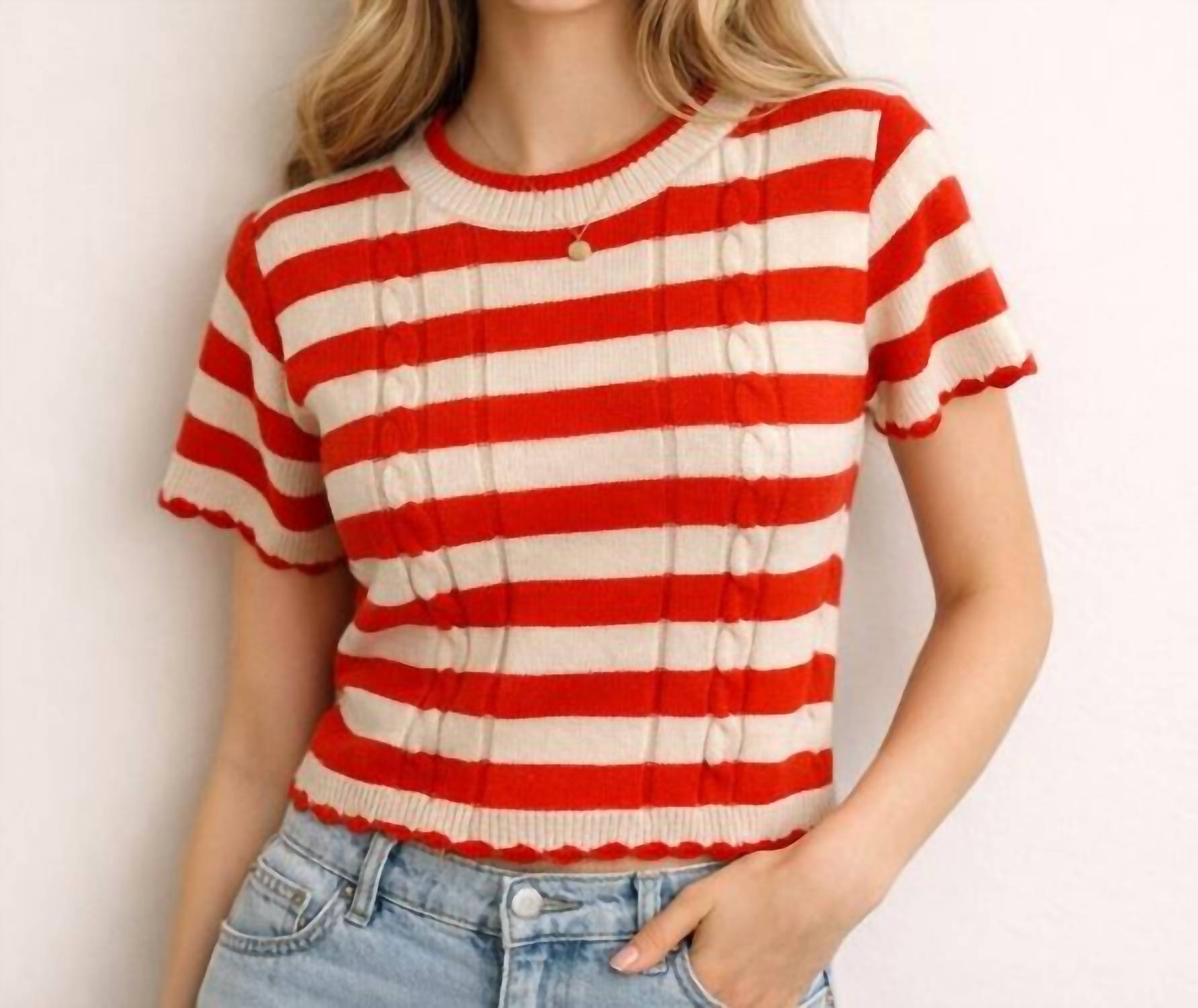 Short Sleeve Stripe Sweater In Red/ White