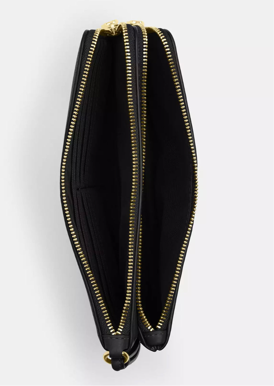 NWT Coach Leather Double Zip Large Wristlet Wallet In Gold/Black